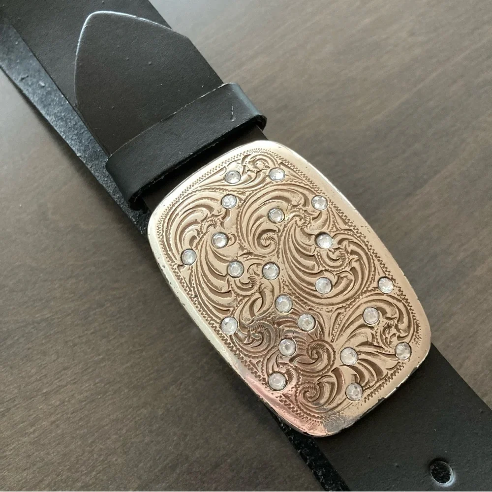Unbranded Black Leather Big Silver Toned Rhinestone Belt Buckle XXL